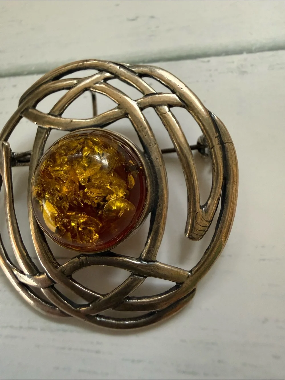 Amber Silver-Tone Celtic Brooch - Amber Yellow